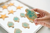 Hand Holding a Dreidel Sugar Cookie with Blue Sprinkles Over Baking Sheet