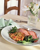Plate of Sliced Ham with Snow Peas and Fried Vegetable Fritter