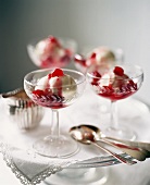 Vanilla Ice Cream with Cranberry Sauce in Glass Dishes; Spoons