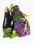 Veggie Still Life with Eggplant, Beet, Cabbage, Broccoli, Greens and Brussels Sprout