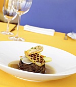 Beef with Foie Gras and Vegetable Medley in White Dish