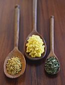 Three Wooden Spoons with Ginger,Tea and Herbs