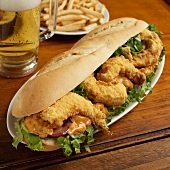 Shrimp Po Boy with Beer and Fries
