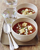 Two Bowls of Gazpacho with Croutons