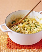 Pot of Farfalle Pasta with Chicken and Peas