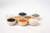 Various Types of Salt in White Bowls