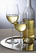 Two Glasses and Bottle of White Wine on a Tray