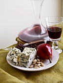 Plate of Blue Cheese with Fruit and Nuts; Wine