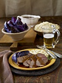Sliced Steak with Gravy and Purple Cabbage