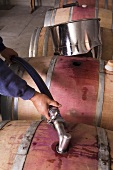 Wein in Holzfass füllen