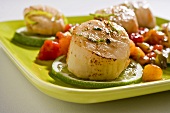 Lime Grilled Scallops on Lime Slices on Green Plate
