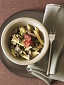 Bowl of Penne Pasta with Mushrooms; From Above