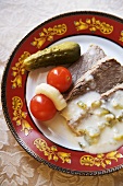 Boiled Beef with Horseradish Sauce, Pickle and Tomato