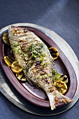 Whole Cooked Fish with Lemon on Platter