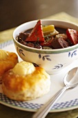 Bowl of Beef and Vegetable Stew; Homemade Biscuits