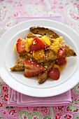 French Toast Topped with Warm Strawberries and Oranges
