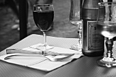 Black and White Image of an Outdoor Restaurant Table in Paris France
