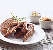 Barbecue Pork Ribs on a Plate; Cole Slaw and Beans