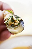 Hand Holding a Mussel with Herb Sauce