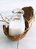Small Jar of Coconut Milk in Coconut Shell