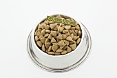 Bowl of Organic Dog Food with Sign
