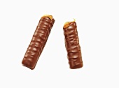 Chocolate & caramel biscuit bar, broken in half