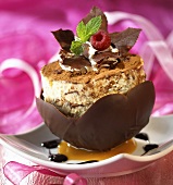 Ice Cream Sundae in a Chocolate Bowl; Chocolate Leaves and Mint