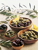 Wooden Bowls of Assorted Olives