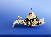 Turtle Sundae on a White Dish with Spoon; Blue Background