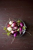 A Variety of Radishes in a Bowl; From Above