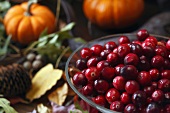 Cranberries, Herbstlaub und Kürbisse