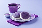 Lavender Whoopie Pies on a Purple Plate with a Cup of Coffee