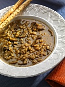 Bowl of Mushroom Barley Soup with Bread Sticks