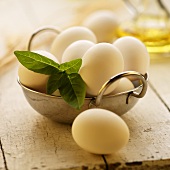 Fresh Eggs with Basil in a Metal Bowl