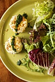 Baked Goat Cheese Disks with Mixed Green Salad; From Above
