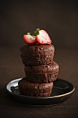 Three Individual Chocolate Cakes; Stacked with Strawberries