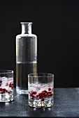 Two Glasses of Pomegranate Cocktail with Bottle of Vodka