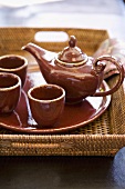 Ceramic Tea Set on Woven Tray