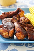 Platter of Dry Rub Barbecue Chicken with Corn on the Cob