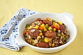 Cajun Sausage and Peppers with Rice in a White Bowl