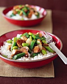 Stir Fried Pork, Mushrooms and Green Beans Over Rice; In Bowls