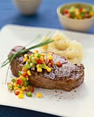 Rib Eye Steak with Corn Salsa and Mashed Potatoes