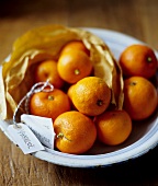 Viele Orangen in einer Schale und Etiketten für Marmeladengläser