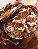 Choucroute; Sauerkraut and Sausage in a Crock
