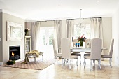 An elegant living room decorated in shades of grey