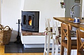 A dining room with a fireplace