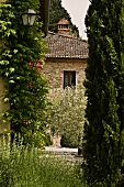 View of the natural stone facade of a Mediterranean home and a garden with cypresses