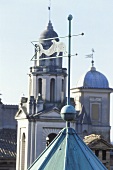 Wetterfahne mit Fischmotiv auf Turmspitze und Blick auf eine Kirche