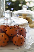 Oranges stuck with cloves under a glass cloche