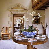 Orchids in a blue and white porcelain bowl on an occasional table and a view onto an antique Greek attica above a door into another room
